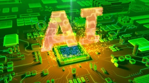 Abstract animation of "AI" text coming from a CPU Stock Footage 91381368