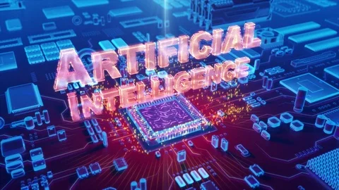 Abstract animation of Artificial Intelligence text coming from a CPU Stock Footage 80472310