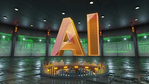 Abstract animation of Artificial Intelligence text in virtual cyber room Stock Footage 86874139