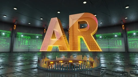Abstract animation of Augmented Reality text in virtual cyber room Stock Footage 86874129