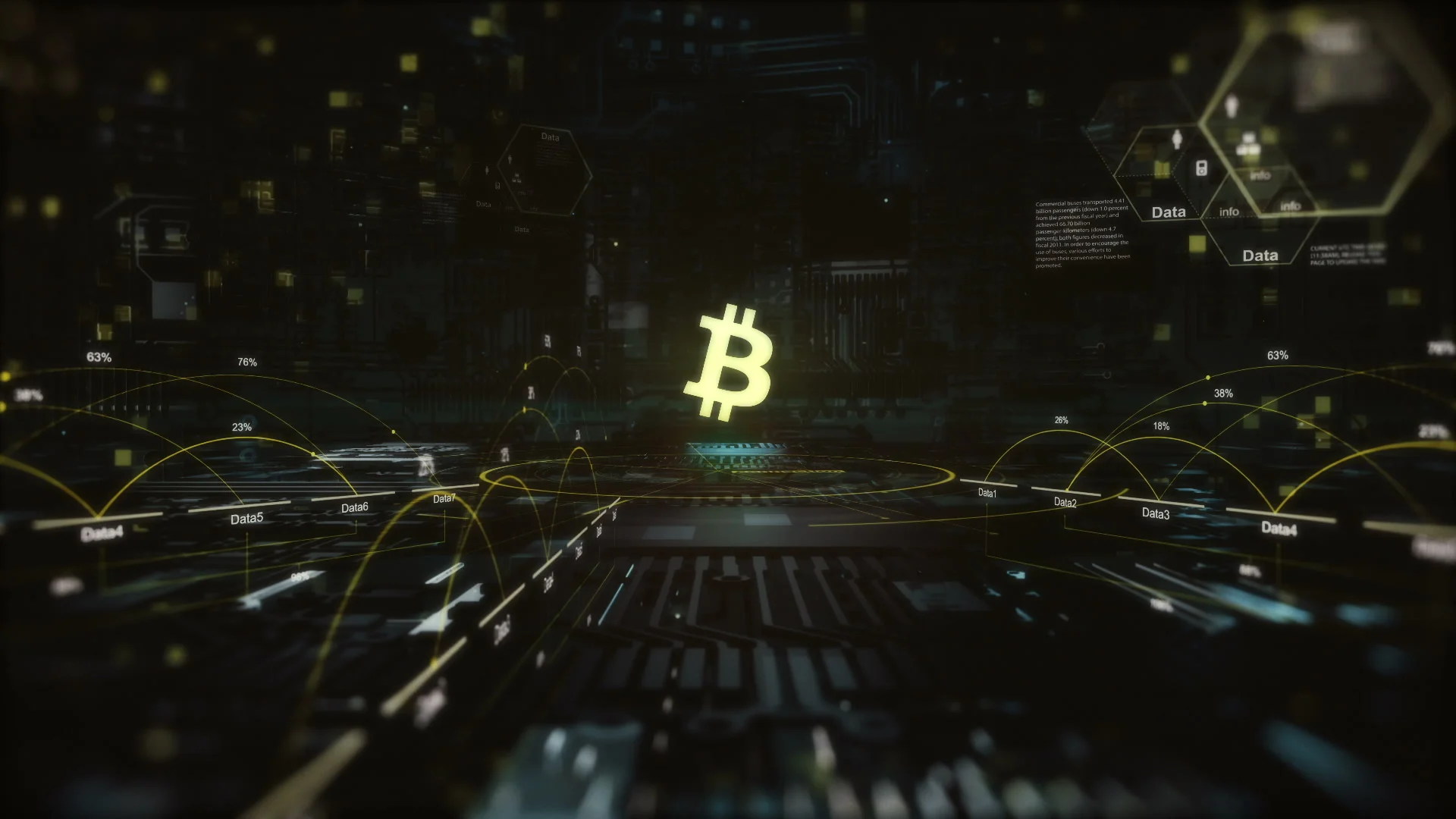 Abstract animation of bitcoin currency sign in digital cyberspace