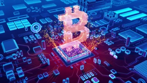 Abstract animation of Bitcoin icon coming from a CPU Stock Footage 80330178