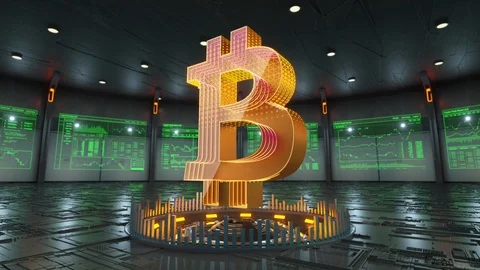 Abstract animation of Bitcoin icon in virtual cyber room Video stock 86874171