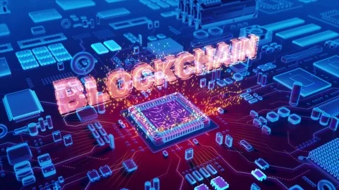 Abstract animation of Blockchain text coming from a CPU Stock Footage 80330994