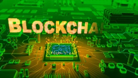 Abstract animation of "Blockchain" text coming from a CPU Stock Footage 91383716
