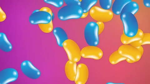 Abstract Animation of Blue and Yellow Jelly Beans Falling on Purple Background Stock Footage 345209044