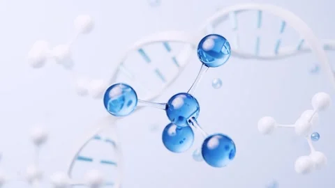 Abstract animation of blue molecule structure rotating near white dna helix Stock Footage 327112422
