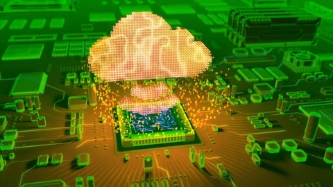 Abstract animation of Cloud Computing icon coming from a CPU Stock Footage 91964154