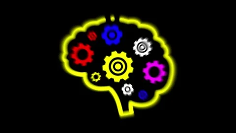 Abstract animation of colorful gears rotating inside brain outline on black.. Stock Footage 336476121