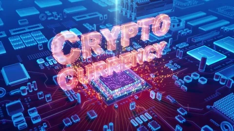Abstract animation of Crypto Currency coming from a CPU Stock Footage 80472394