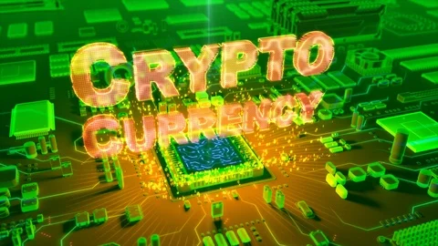 Abstract animation of "Crypto Currency" text coming from a CPU Stock Footage 91383726