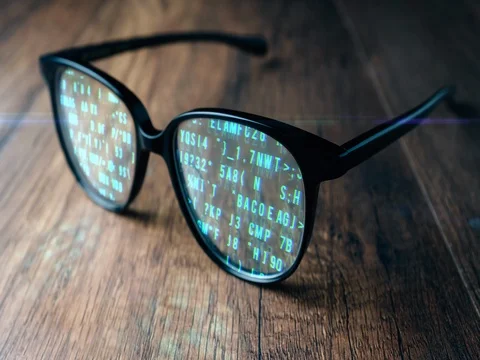 Abstract Animation Digital Computer Code Running in Glasses Stock Footage 75768937