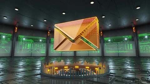 Abstract animation of e-mail icon in virtual cyber room Stock Footage 86874220