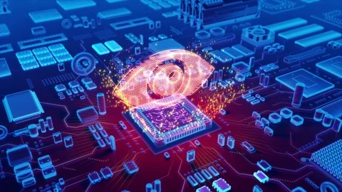 Abstract animation of Eye icon coming from a CPU Stock Footage 80331398