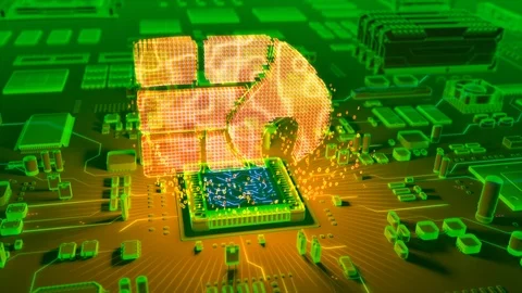 Abstract animation of a firewall icon coming from a CPU Stock Footage 91963409