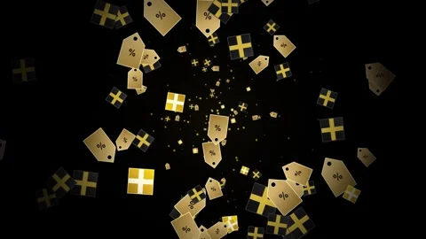 Abstract animation of floating golden gift boxes and labels. Stock-Footage 344038575