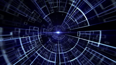 Abstract animation of flying through glowing blue tunnel with digital elements Stock Footage 262632619