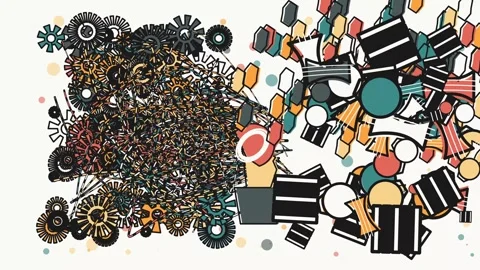 Abstract Animation Of Funnel Organizing Chaotic Cogs Into Geometric Shapes Stock Footage 340904728