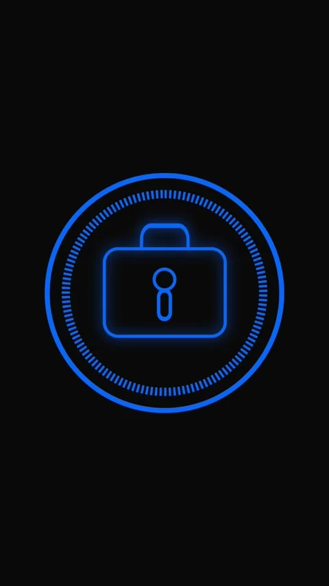 Abstract animation of glowing blue briefcase icon on dark background, symbo.. Vídeo Stock 338210444