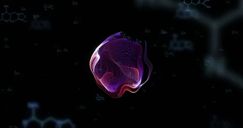 Abstract animation of glowing, morphing shape over molecular structures on black Stock Footage 306721276