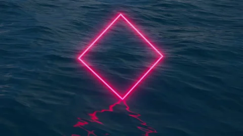 Abstract animation of glowing pink neon rhomb frame over dark blue ocean Stock Footage 308917429
