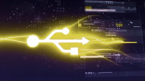 Abstract animation of golden usb flash drive with virus inserting in the laptop イラスト素材