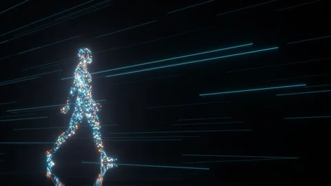 Abstract animation of a human figure made of glowing particles walking through a Stock Footage 322006430