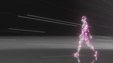 Abstract animation of a human-like figure made of glowing purple and green Stock Footage 322006556