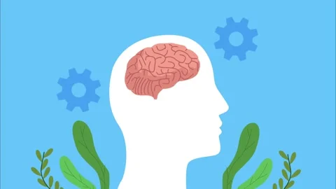 Abstract animation of human head profile with brain and gears thinking and .. Stock Footage 338987886