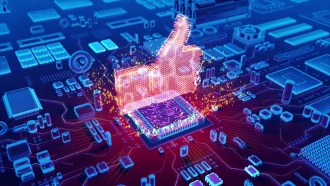 Abstract animation of Like icon coming from a CPU Stock Footage 80332756