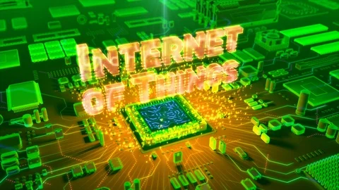 Abstract animation of "Internet of Things" text coming from a CPU Stock Footage 91383850