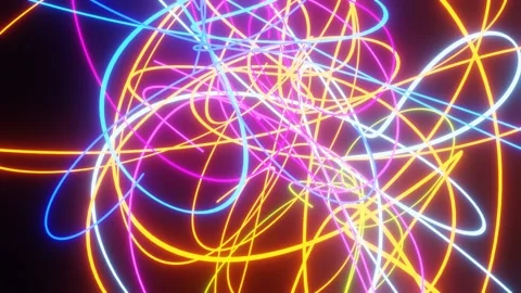 Abstract animation of moving and rotating neon stripes or threads on black Stock Footage 170431584