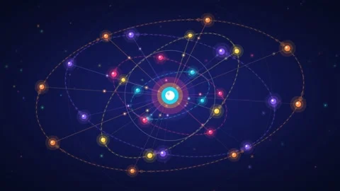 Abstract Animation of Orbiting Orbs in a Cosmic Starfield Stock Footage 347897528