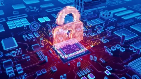 Abstract animation of Padlock icon coming from a CPU Stock Footage 80332133