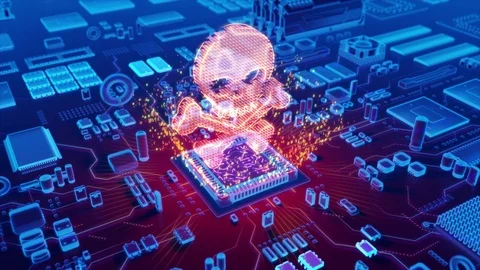 Abstract animation of Piracy icon coming from a CPU Stock Footage 80332476