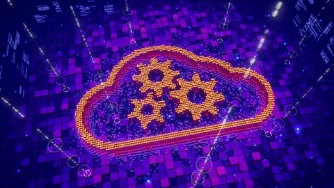 Abstract animation of pixels forming an icon of cogwheels inside cloud icon Stock Footage 75865474