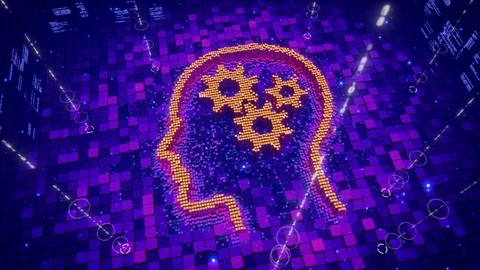 Abstract animation of pixels forming an icon of human head with cogwheels Stock Footage 75900817