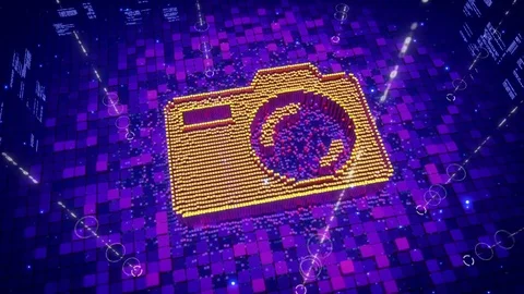 Abstract animation of pixels forming an icon of digital camera Stock Footage 75906444