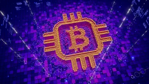 Abstract animation of pixels forming an icon of Bitcoin sign inside microchip Stock Footage 75931642