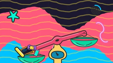 Abstract Animation Of A Scale Weighed Down By Gadgets On Wavy Background Stock Footage 341373323