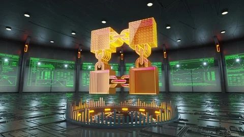 Abstract animation of secure blockchain icon in virtual cyber room Vidéo 86874179