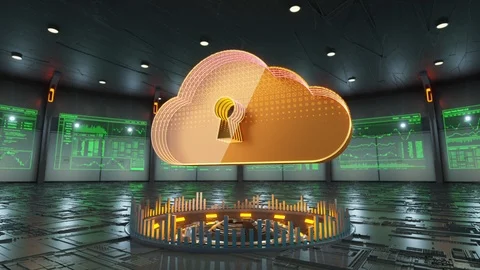 Abstract animation of secure cloud computing icon in virtual cyber room Stock Footage 86874231