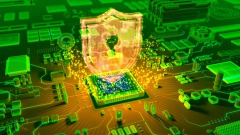 Abstract animation of Shield icon coming from a CPU Stock Footage 91384896