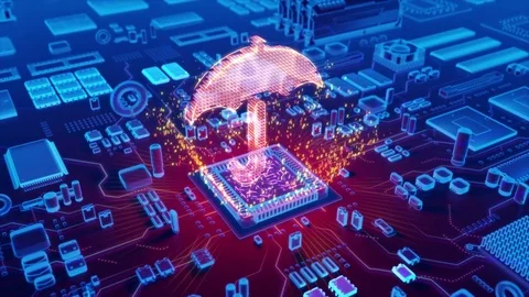 Abstract animation of Umbrella icon coming from a CPU Stock Footage 80332866