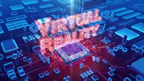 Abstract animation of VIRTUAL REALITY text coming from a CPU Stock Footage 80472444