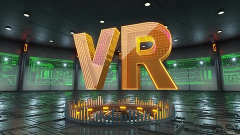 Abstract animation of Virtual Reality text in virtual cyber room Stock Footage 86874573