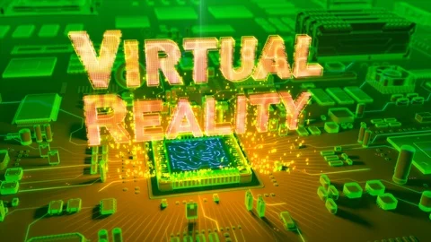 Abstract animation of "Virtual Reality" text coming from a CPU Stock Footage 91386156
