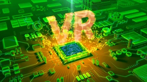 Abstract animation of "VR" text coming from a CPU Stock Footage 91386619