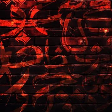 Abstract Arabic calligraphy graffiti in glowing red neon light on a dark brick w Stock Illustration