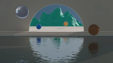 Abstract arched door with pool and stairs 3D render illustration Illustrazione stock